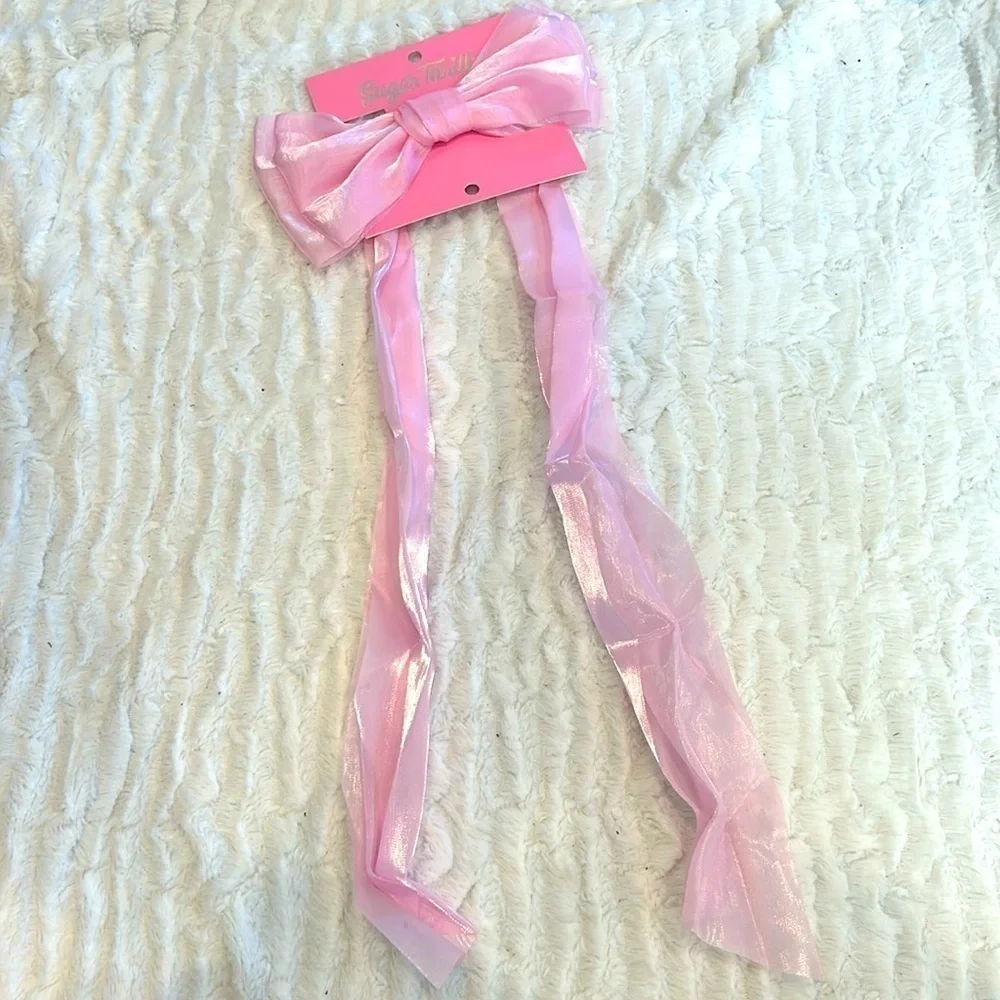 Brand new sugar thrills pink iridescent satin shimmer clip hair bow one size